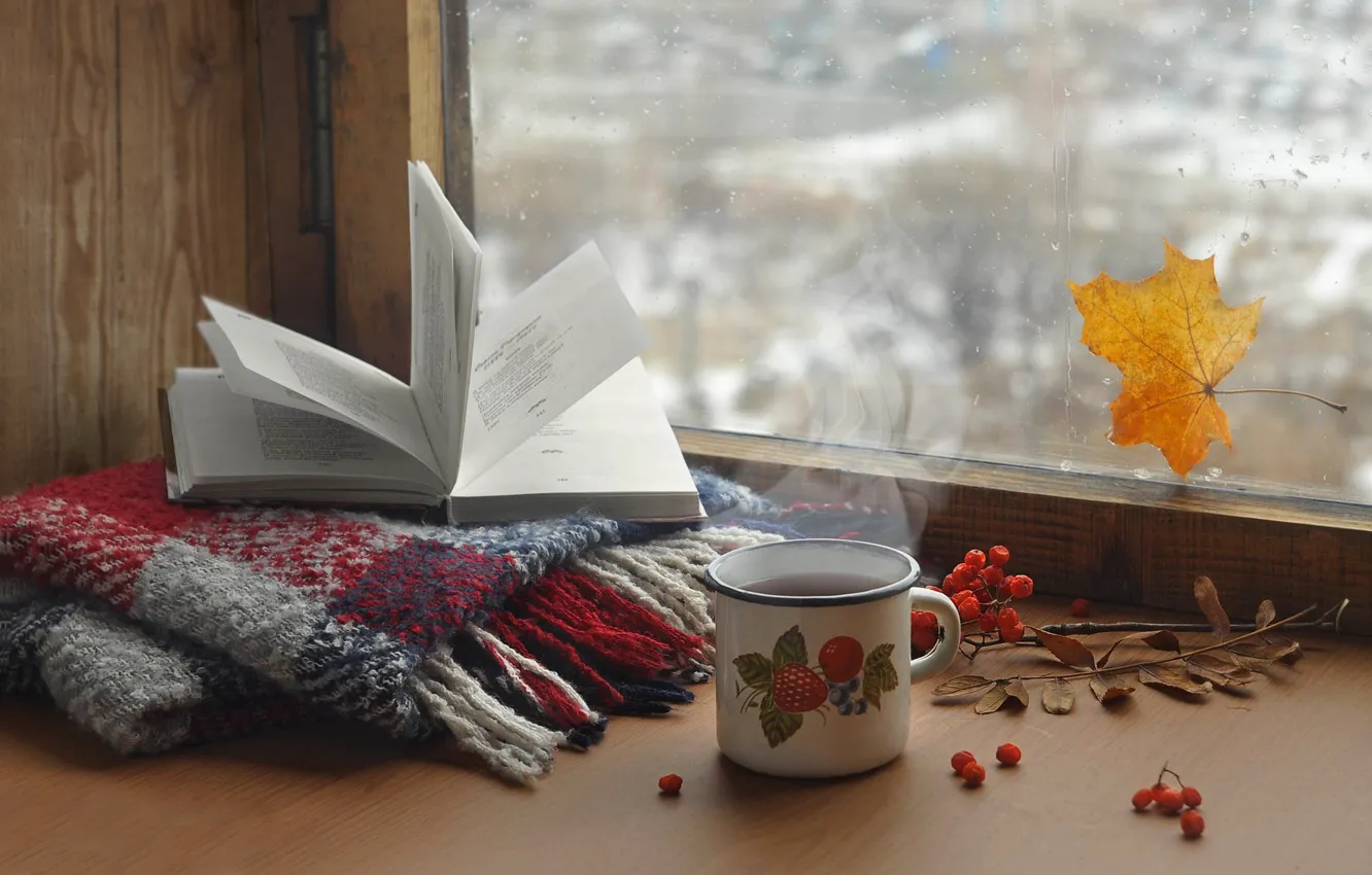 Photo wallpaper glass, drops, sheet, tea, scarf, window, couples, mug