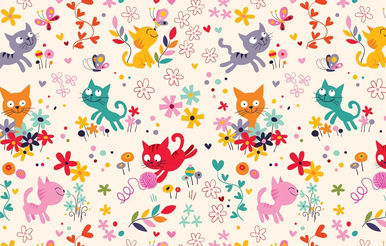 Photo wallpaper cat, summer, flowers, tangle, butterfly, the game, children's, thread