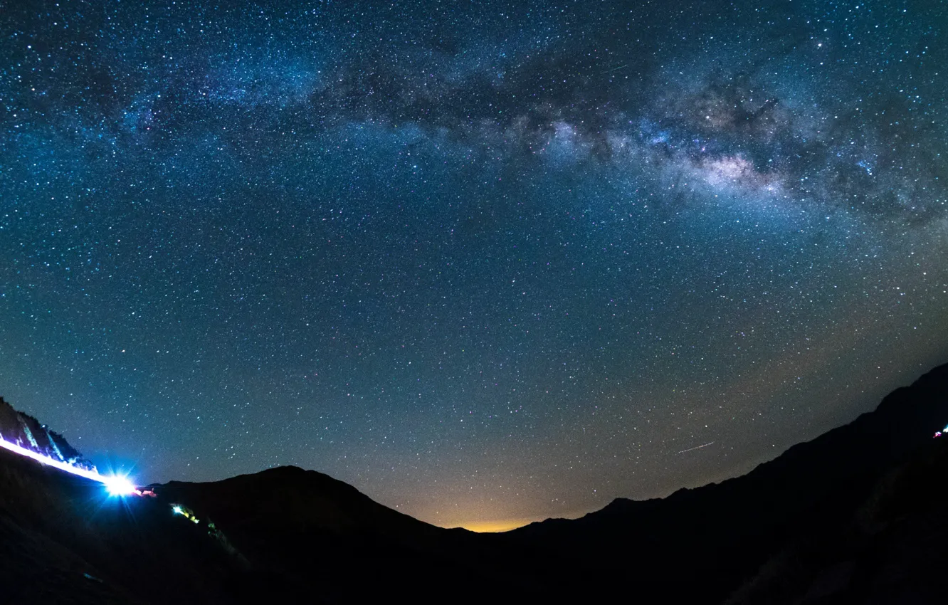 Photo wallpaper the sky, space, stars, landscape, mountains, galaxy