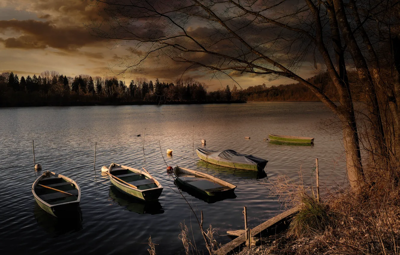 Photo wallpaper autumn, forest, trees, clouds, lake, river, shore, boat