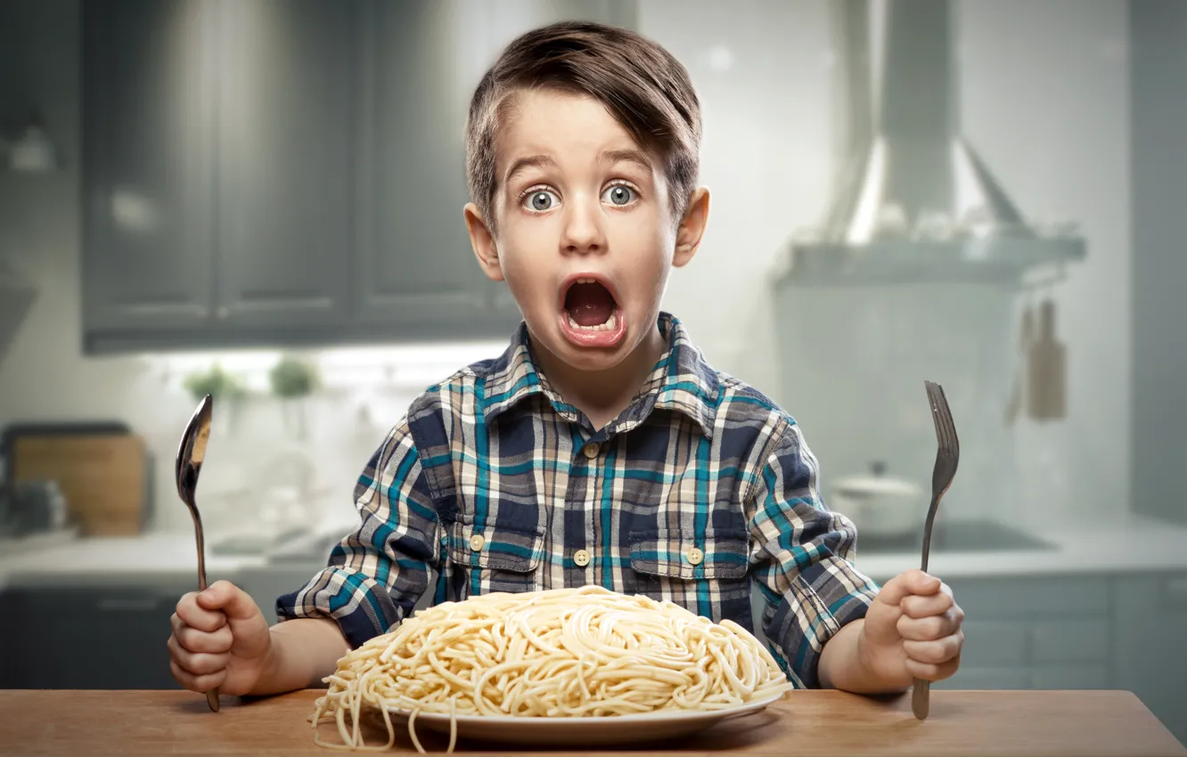 Photo wallpaper children, face, boy, plug, pasta
