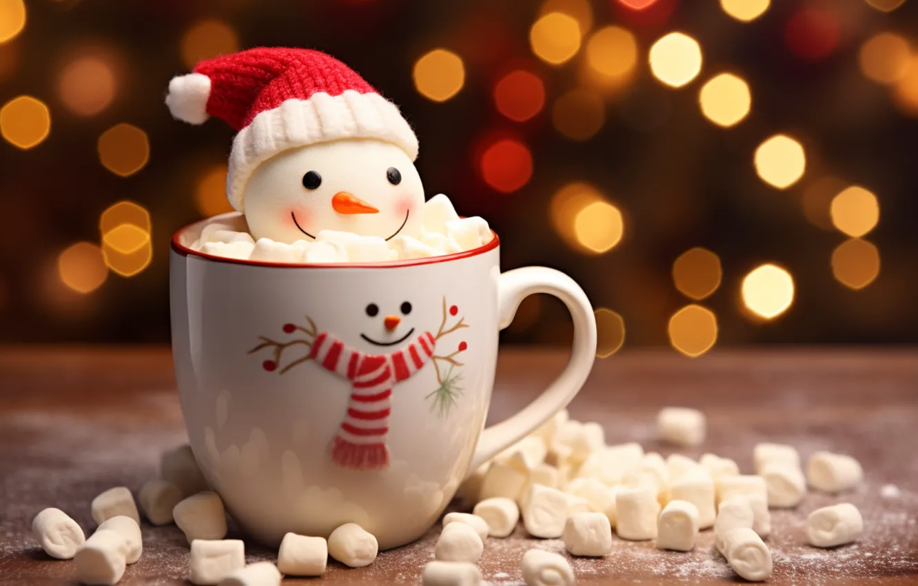 Photo wallpaper lights, smile, table, new year, bathing, Christmas, candy, mug