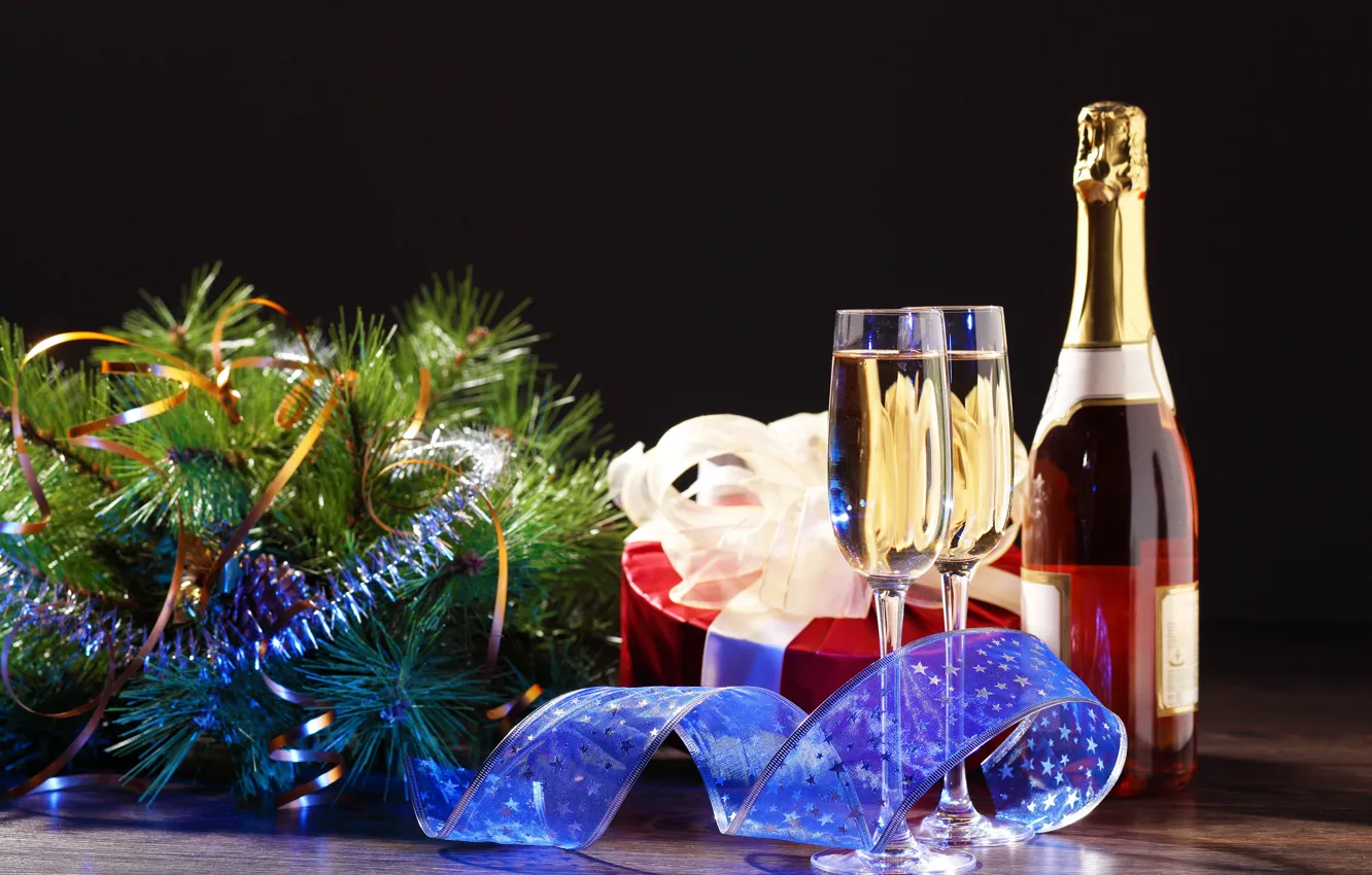 Photo wallpaper gift, new year, glasses, tinsel, champagne, 2015