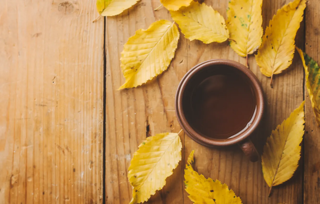 Photo wallpaper autumn, leaves, coffee, Cup, wood, autumn, leaves, cup