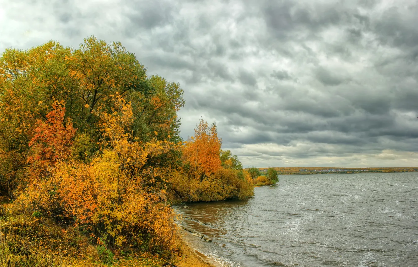 Photo wallpaper autumn, trees, clouds, river, overcast, shore, the bushes