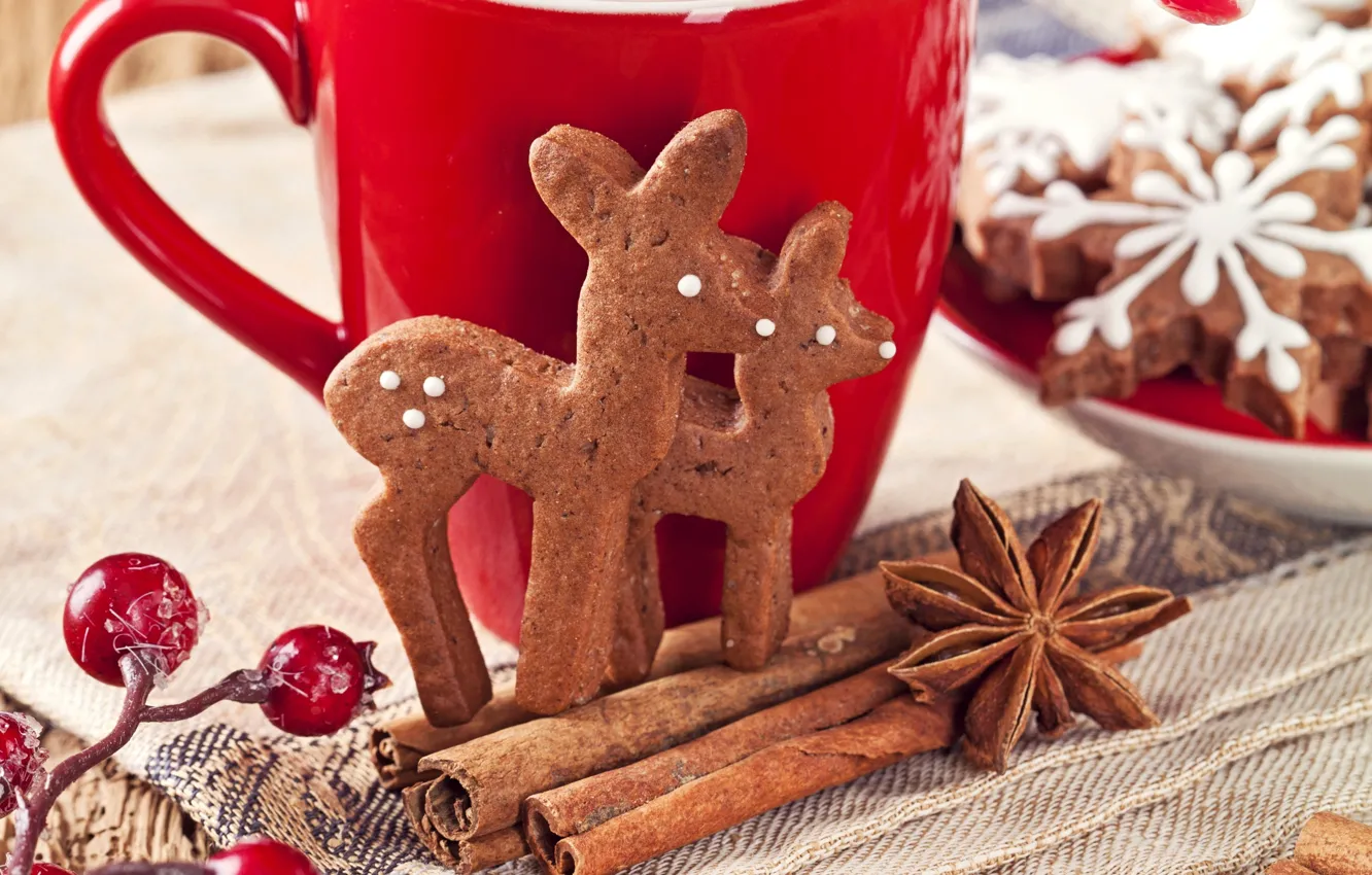 Photo wallpaper snowflakes, berries, New Year, cookies, Christmas, Cup, sweets, cinnamon
