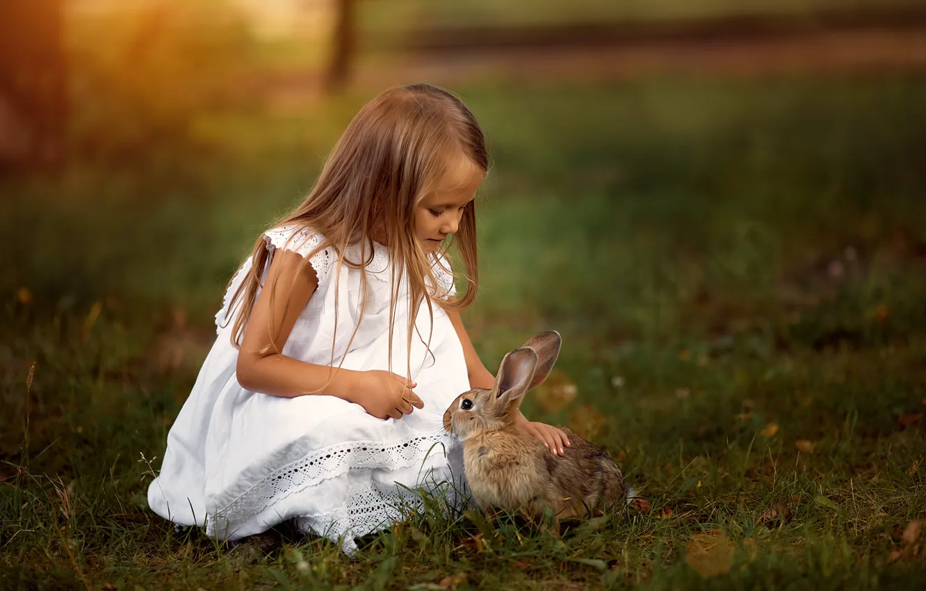 Photo wallpaper grass, nature, children, animal, hare, dress, girl