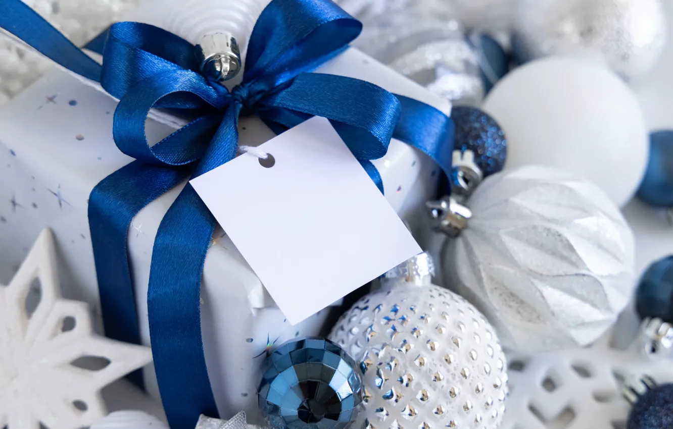 Photo wallpaper balls, decoration, blue, holiday, box, gift, Christmas, New year