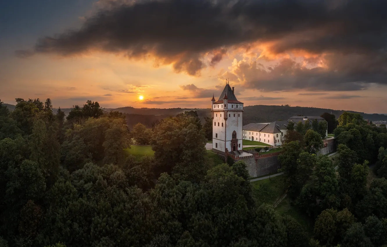 Photo wallpaper forest, clouds, sunset, castle, hills, view, height, dal
