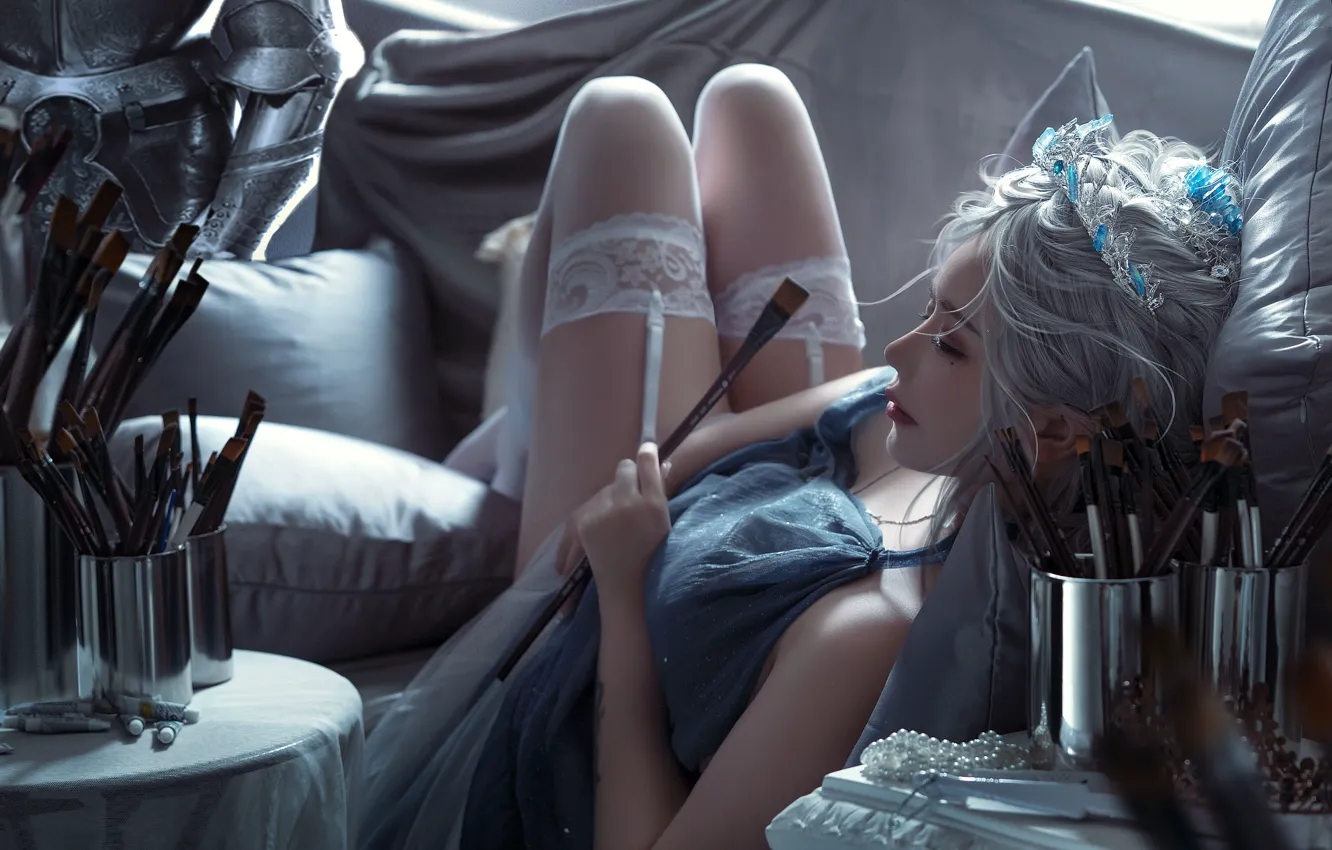 Photo wallpaper girl, anime, stockings, artist, brushes