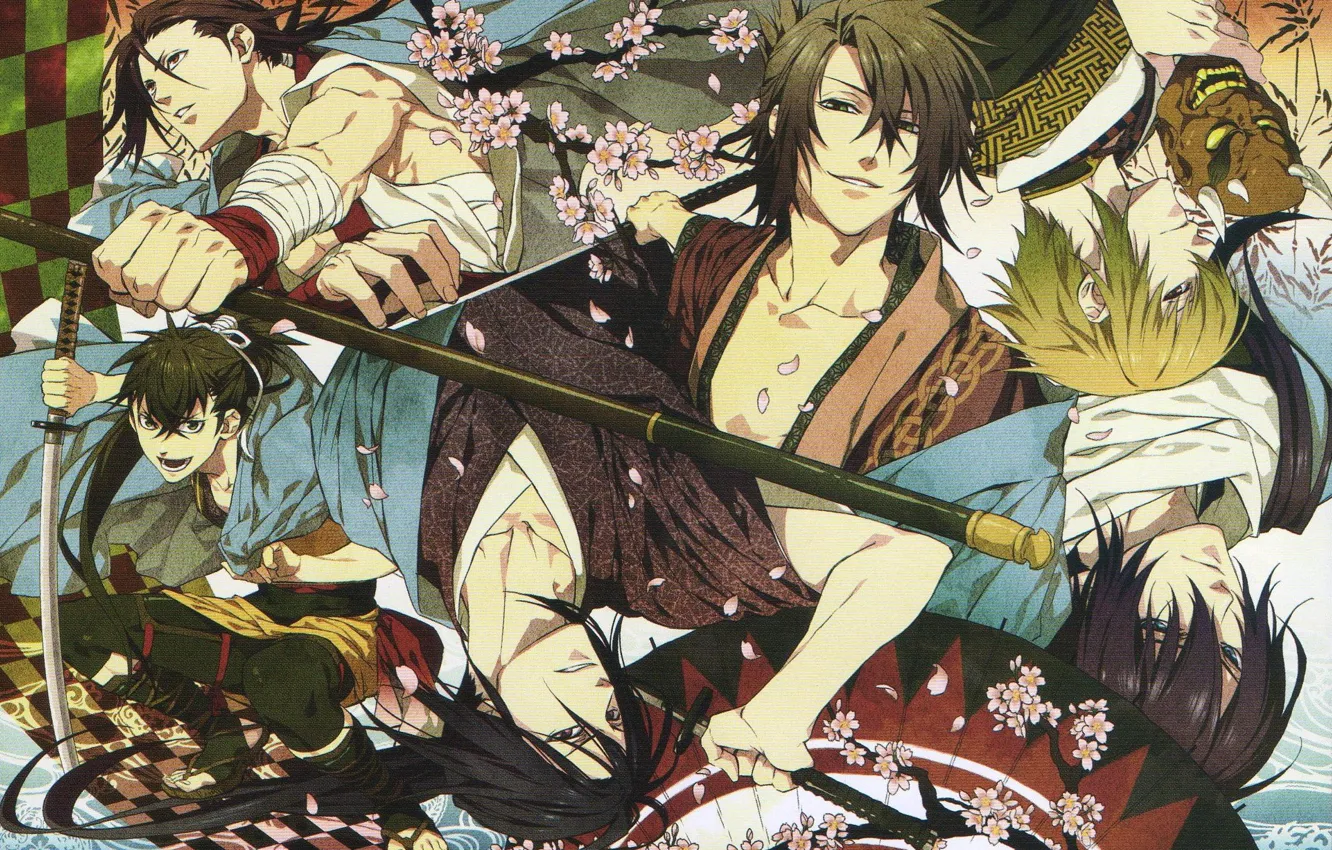 Photo wallpaper katana, petals, Sakura, mask, samurai, Japanese clothing, Okita Souji, demons pale cherry