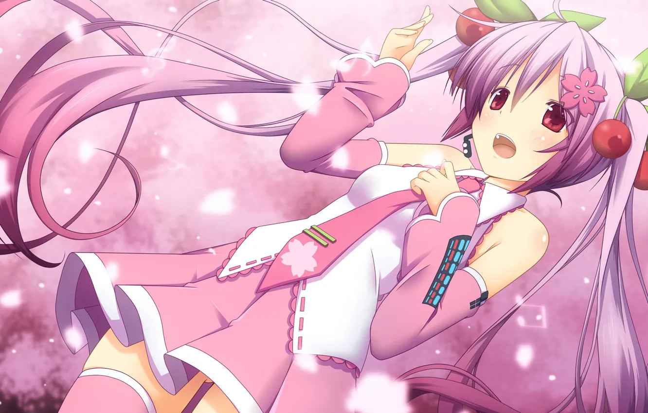 Photo wallpaper girl, cherry, mood, petals, dress, blush, vocaloid, art