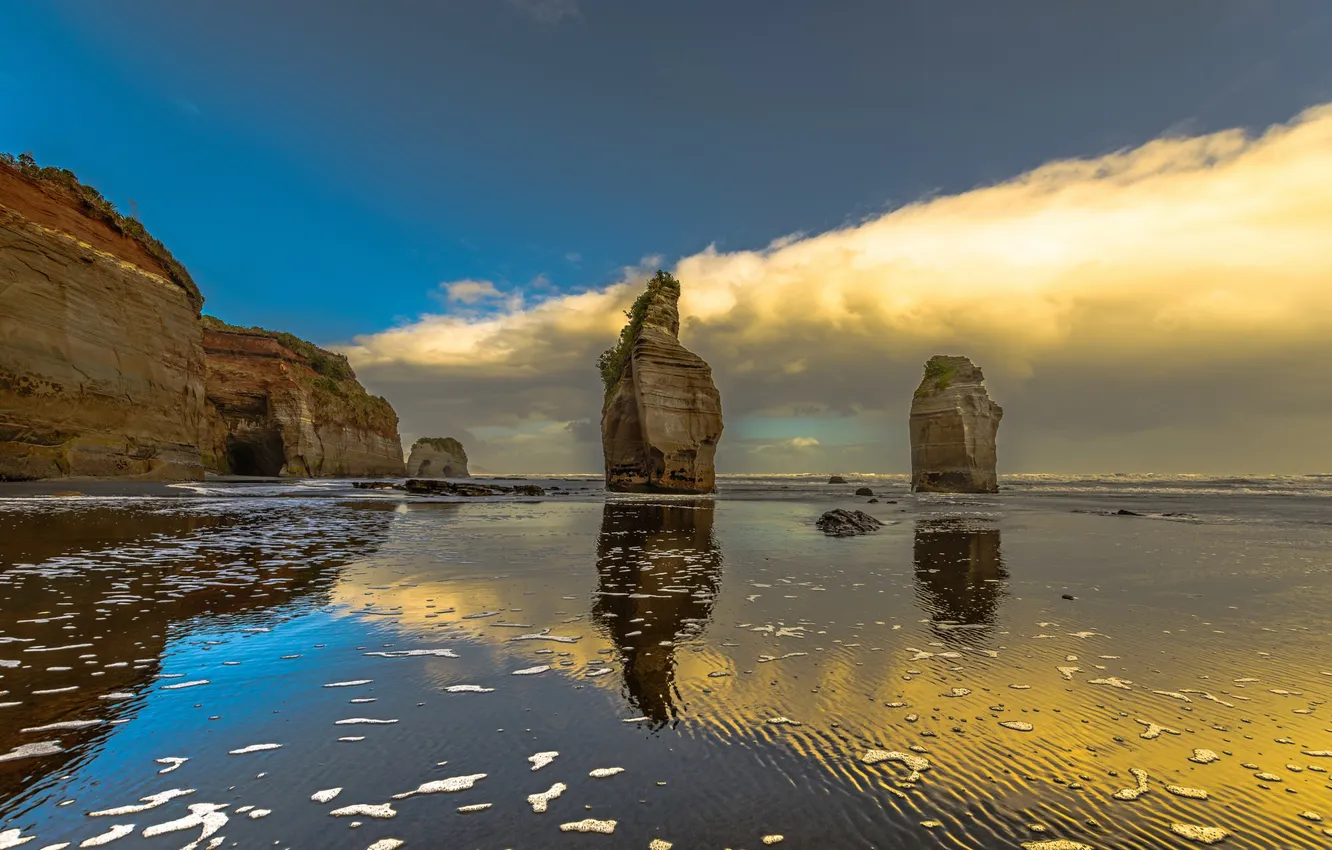 Photo wallpaper sea, the sky, clouds, rocks, shore, tide