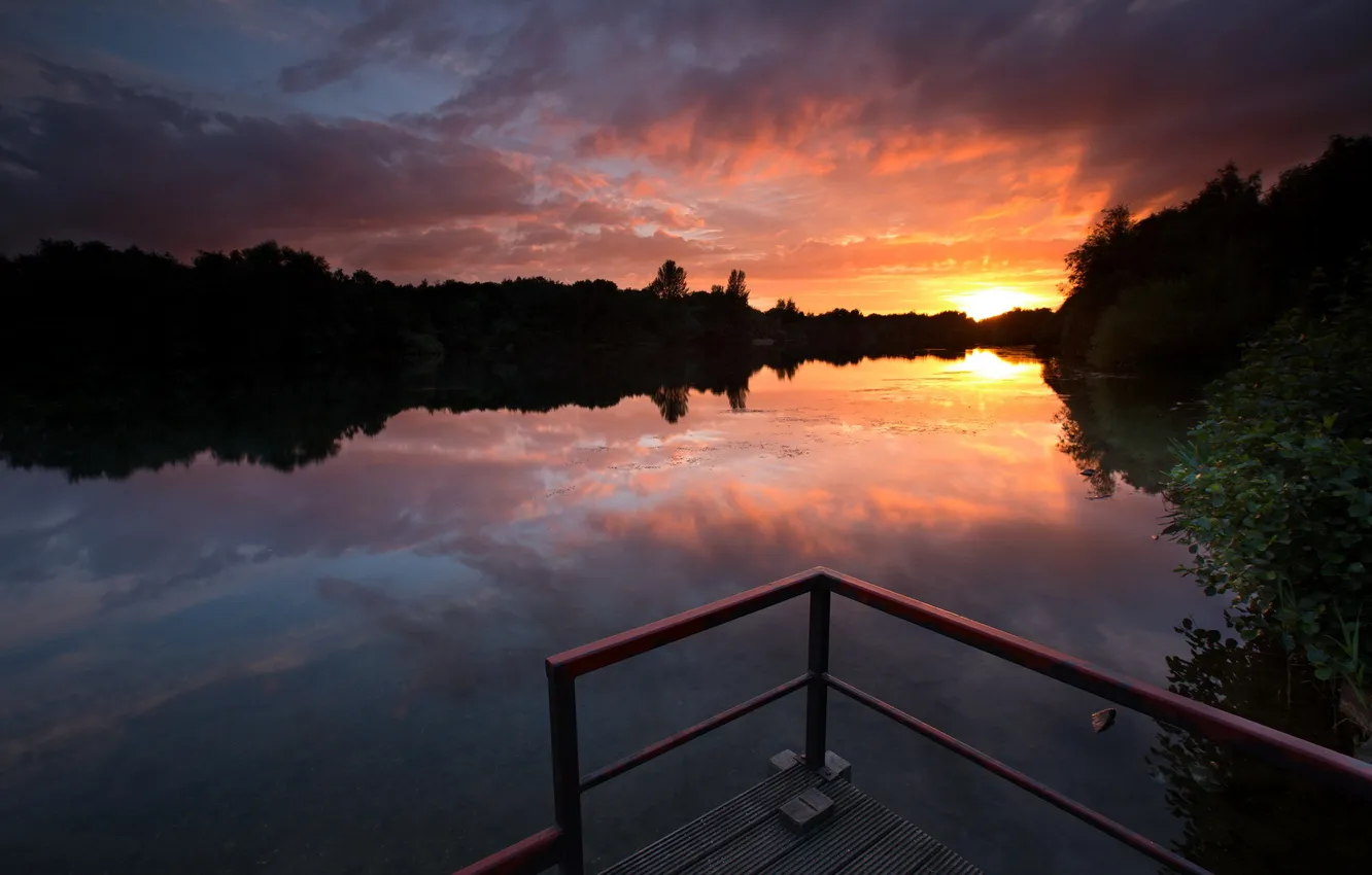 Photo wallpaper landscape, sunset, bridge, lake