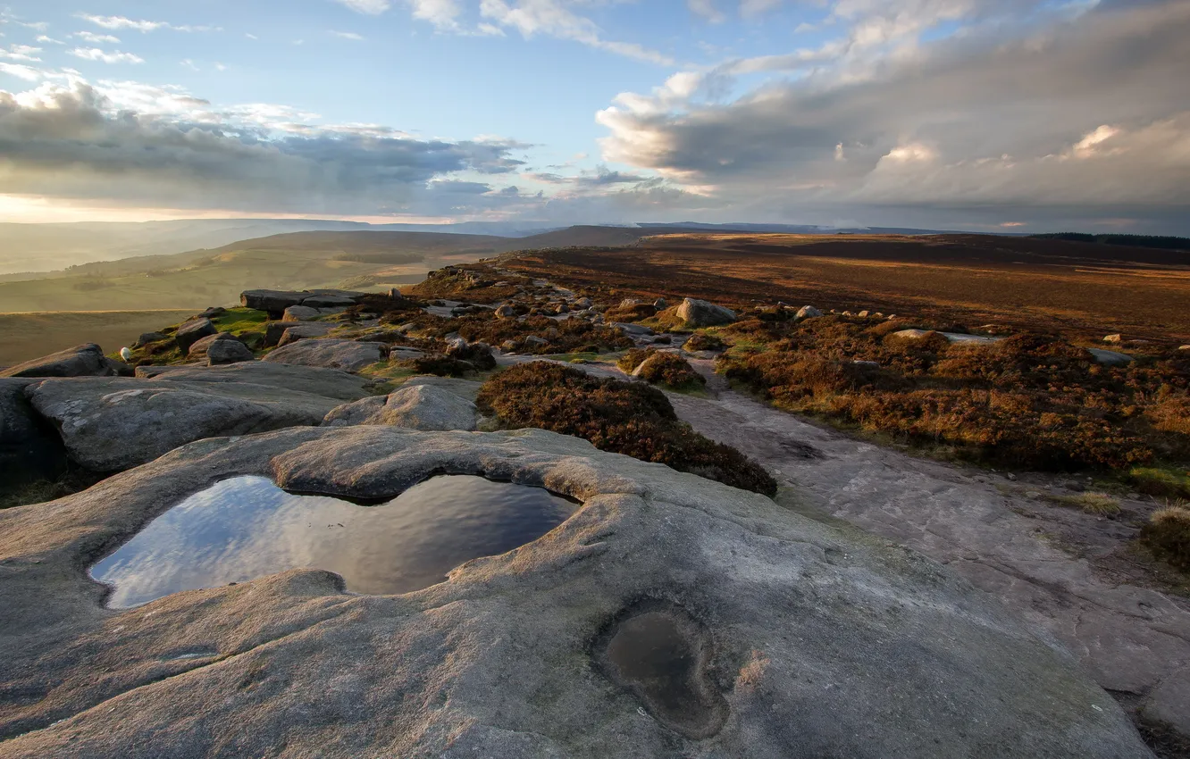 Photo wallpaper field, landscape, sunset, stones