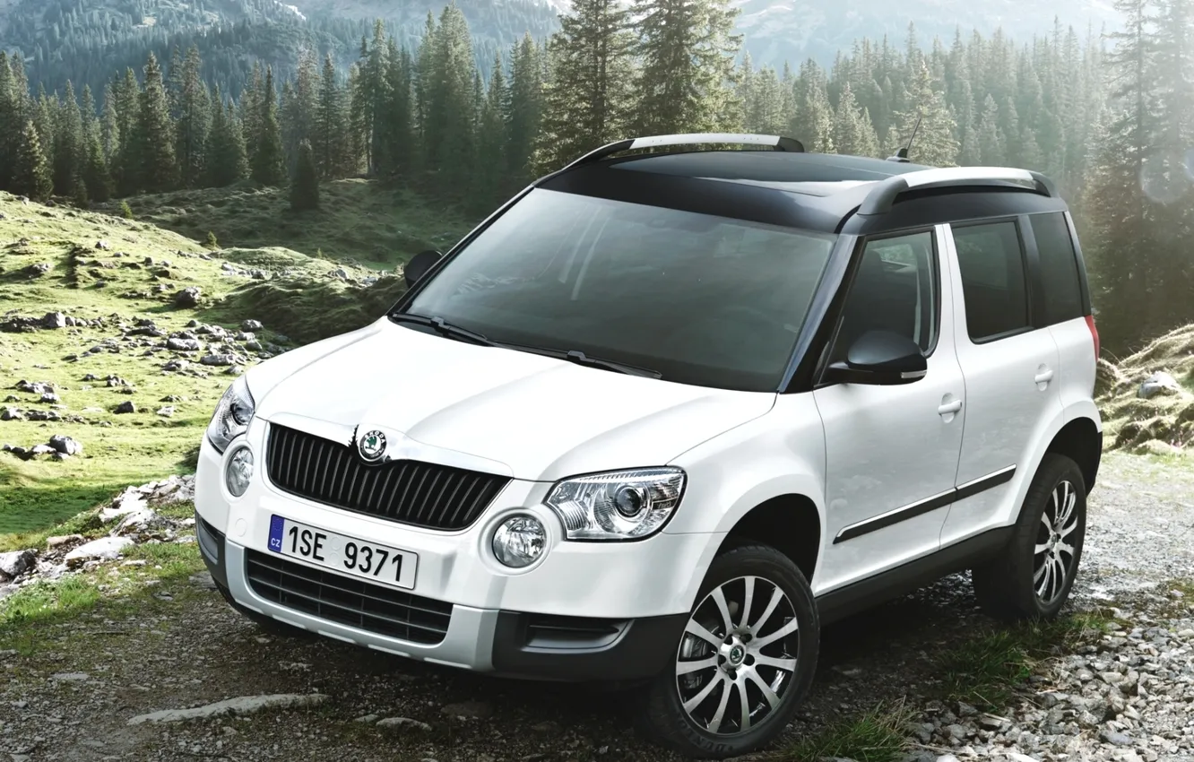 Photo wallpaper white, trees, mountains, nature, the front, Yeti, crossover, Skoda
