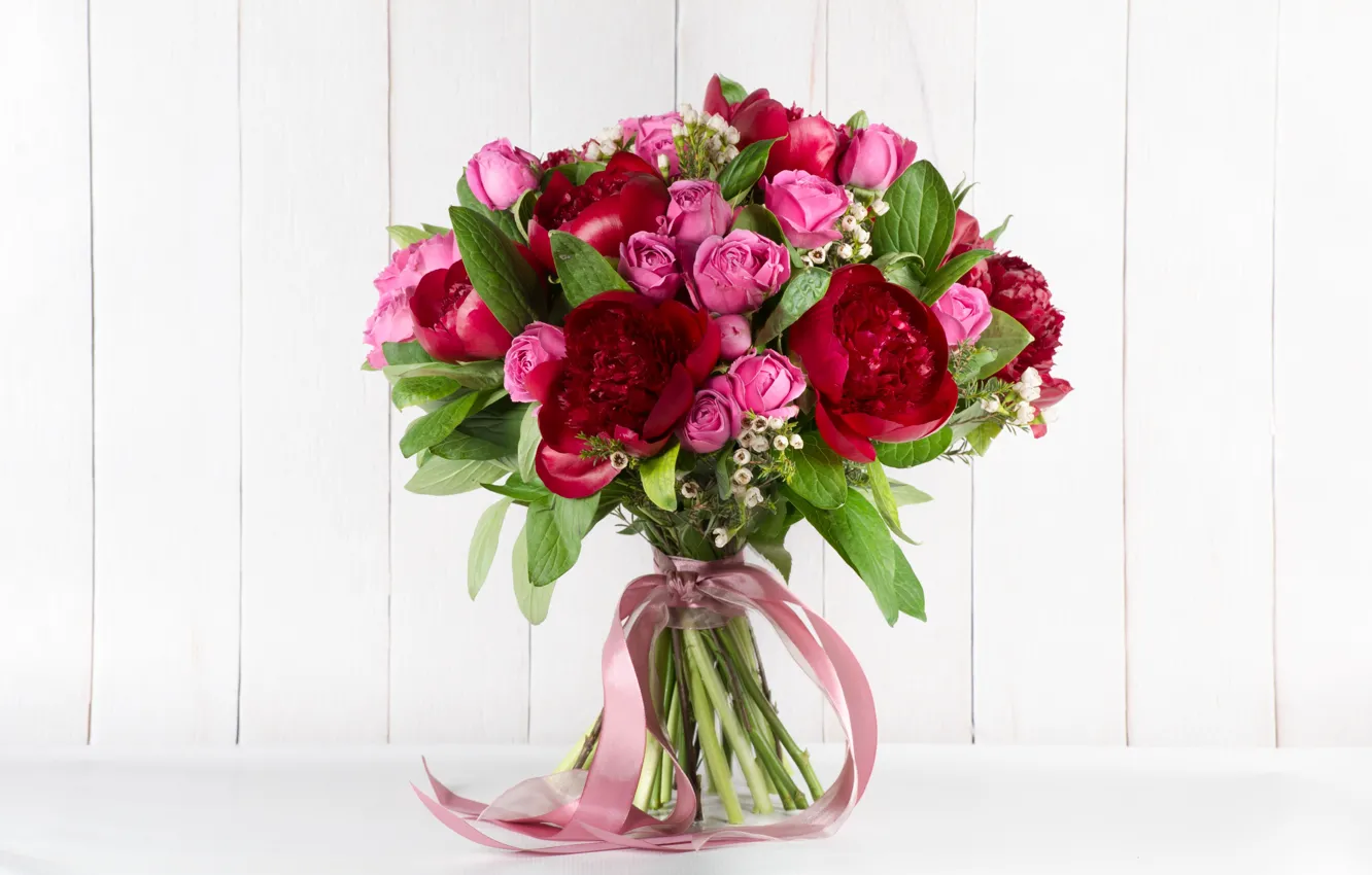 Photo wallpaper roses, bouquet, peonies