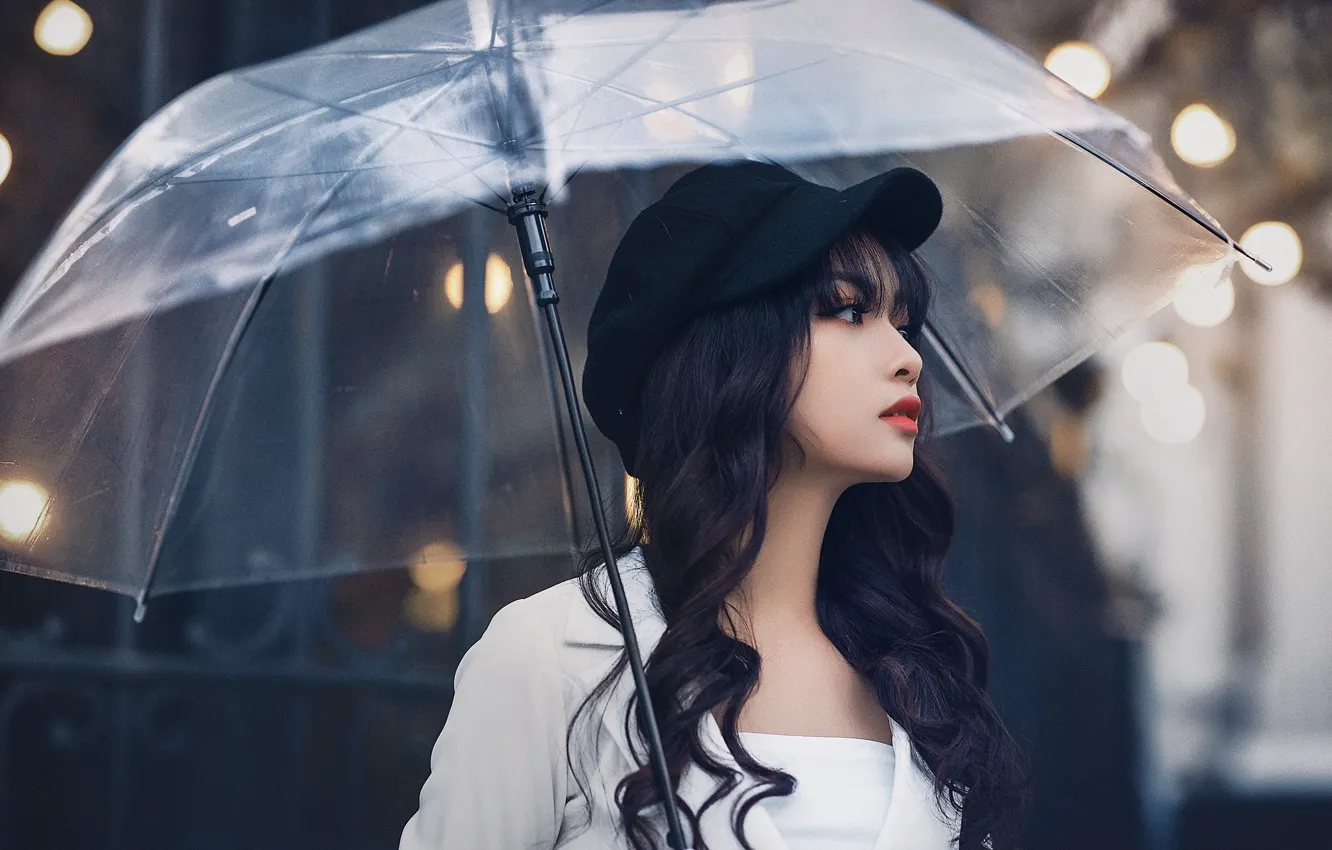 Photo wallpaper girl, umbrella, cap, Asian