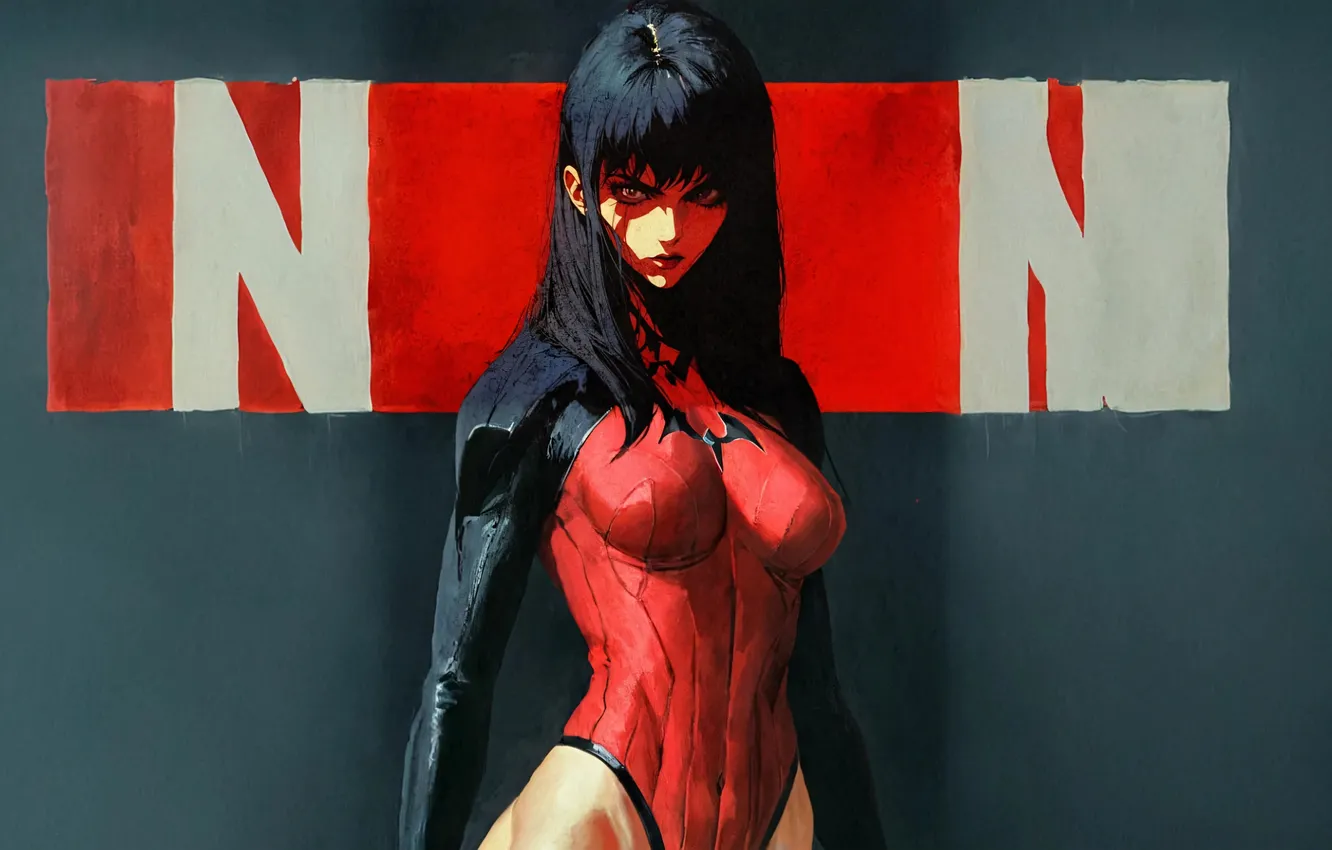 Photo wallpaper red, poster, black hair, idea, strong woman, girl in armor, AI art, superhero
