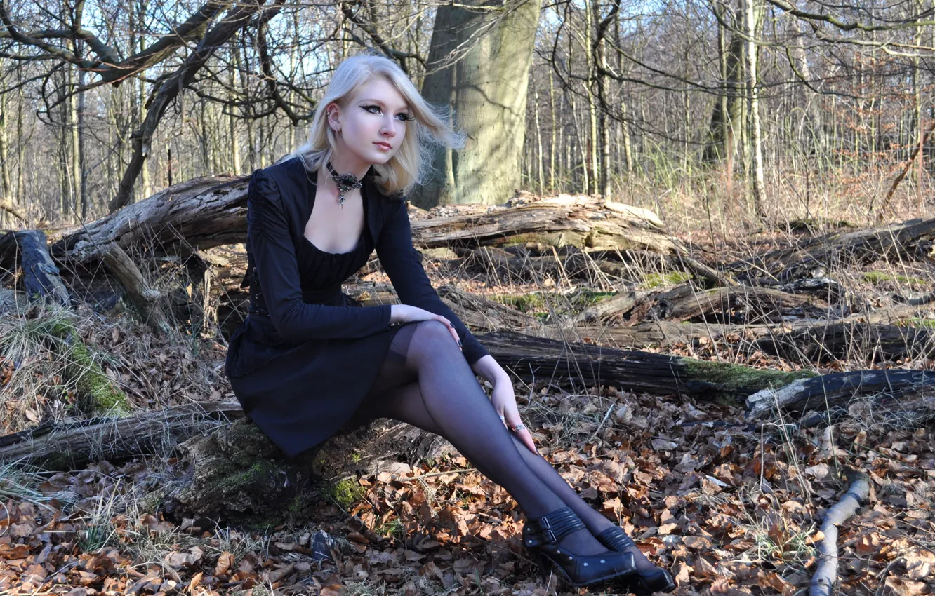 Photo wallpaper autumn, forest, nature, blonde, tights, legs, gothic, spring