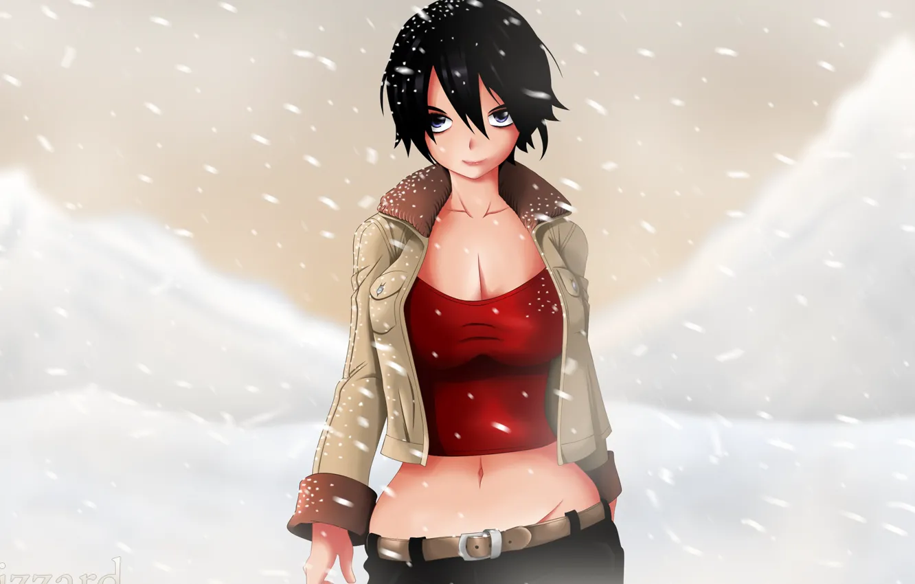 Photo wallpaper anime, brunette, jacket, snowfall, big Breasts, red top