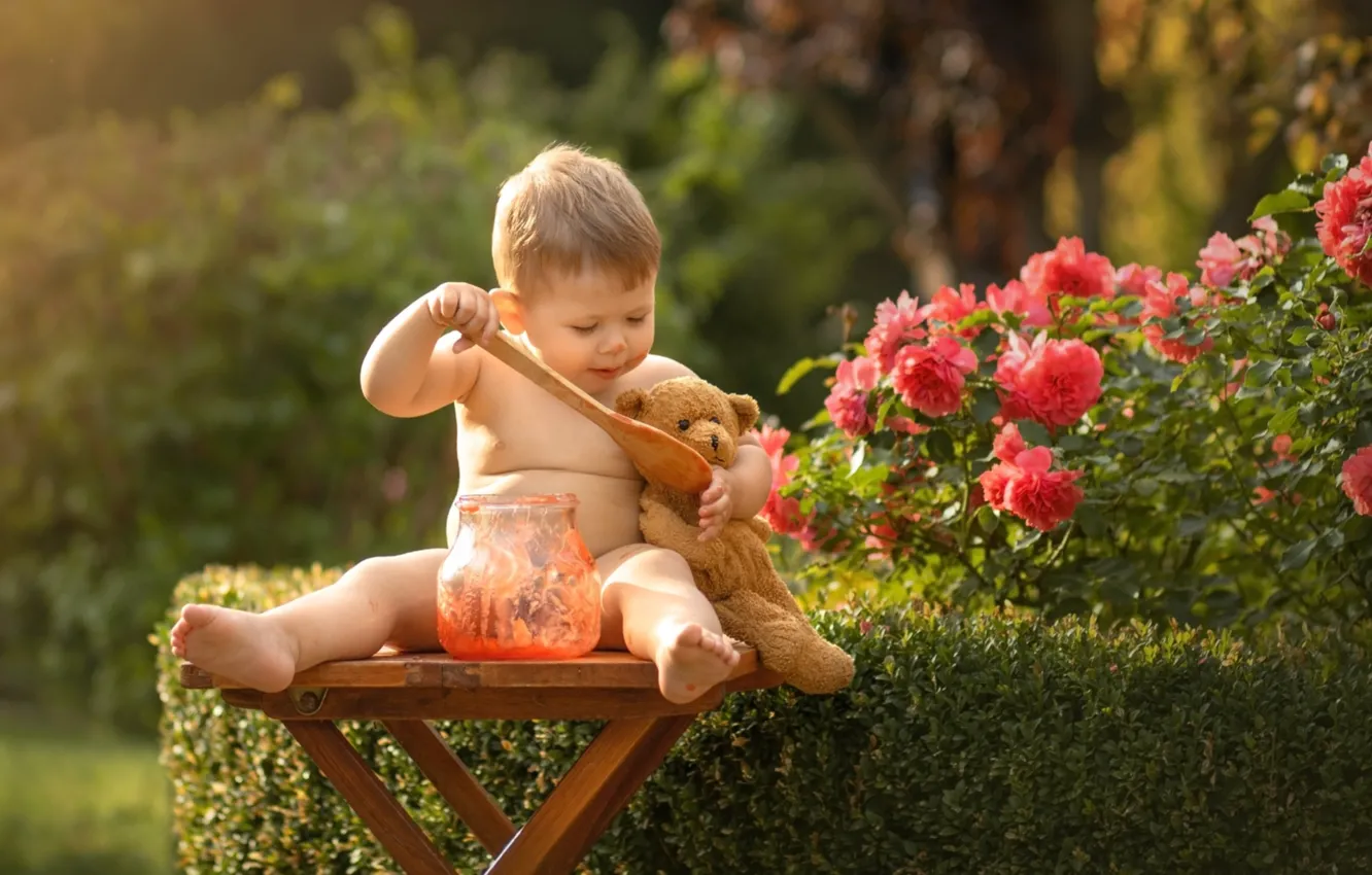 Photo wallpaper toy, bear, baby, jam, roses, spoon