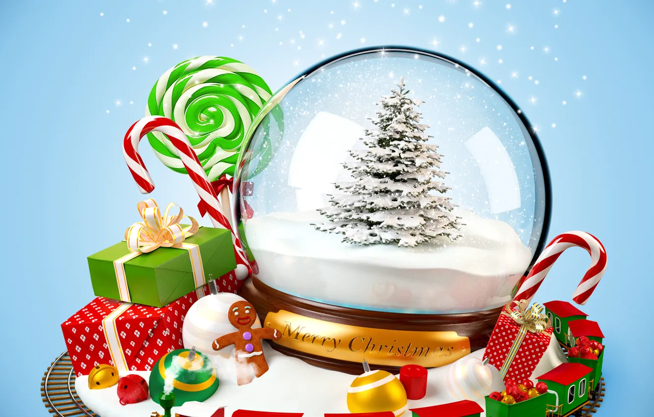 Photo wallpaper snow, decoration, gift, balls, toy, tree, new year, train