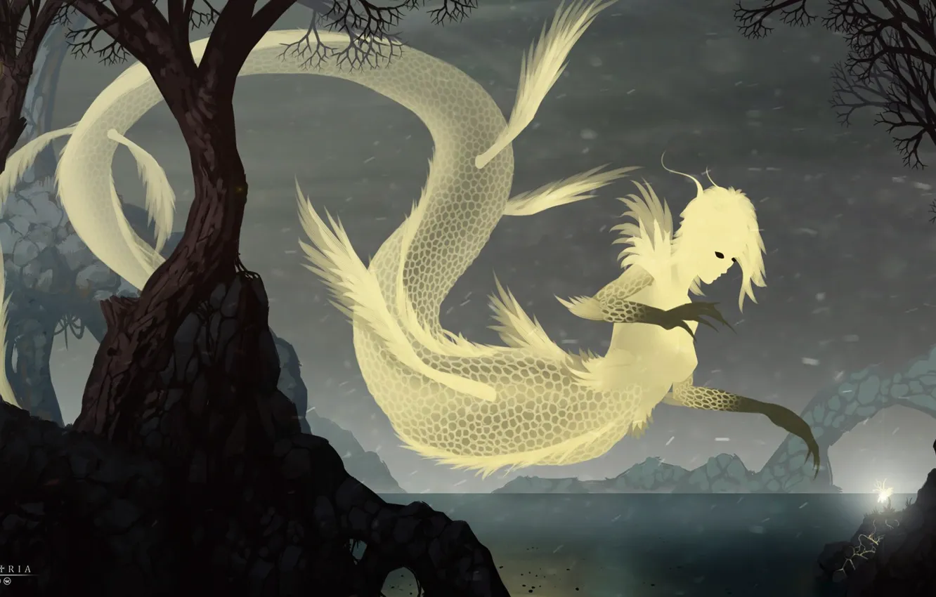 Photo wallpaper flowers, night, lake, fiction, monster, being, art, fantasy