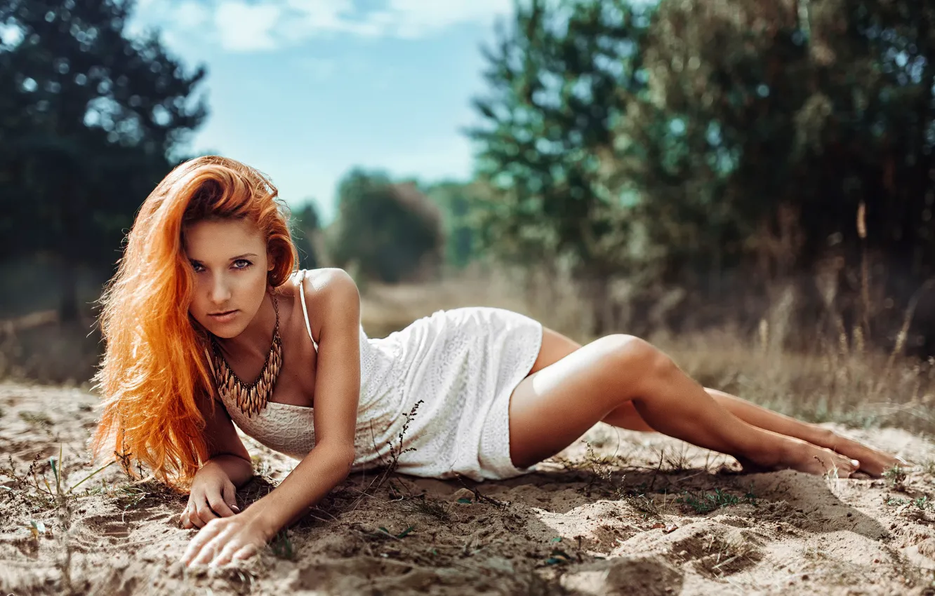 Photo wallpaper sand, look, nature, dress, Fox, the red-haired girl, red fox