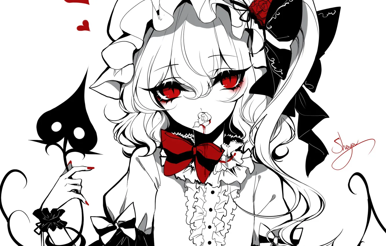 Photo wallpaper girl, blood, roses, hearts, red eyes, touhou, Flandre Scarlet, Touhou