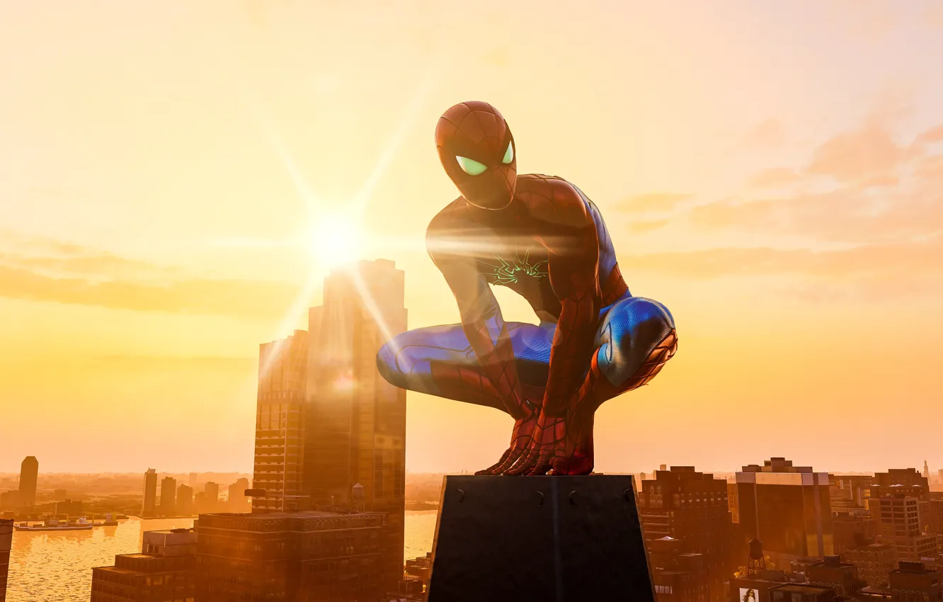 Photo wallpaper the city, morning, Spider-Man, PS4, Spider - man, Spider-Man (PS4)