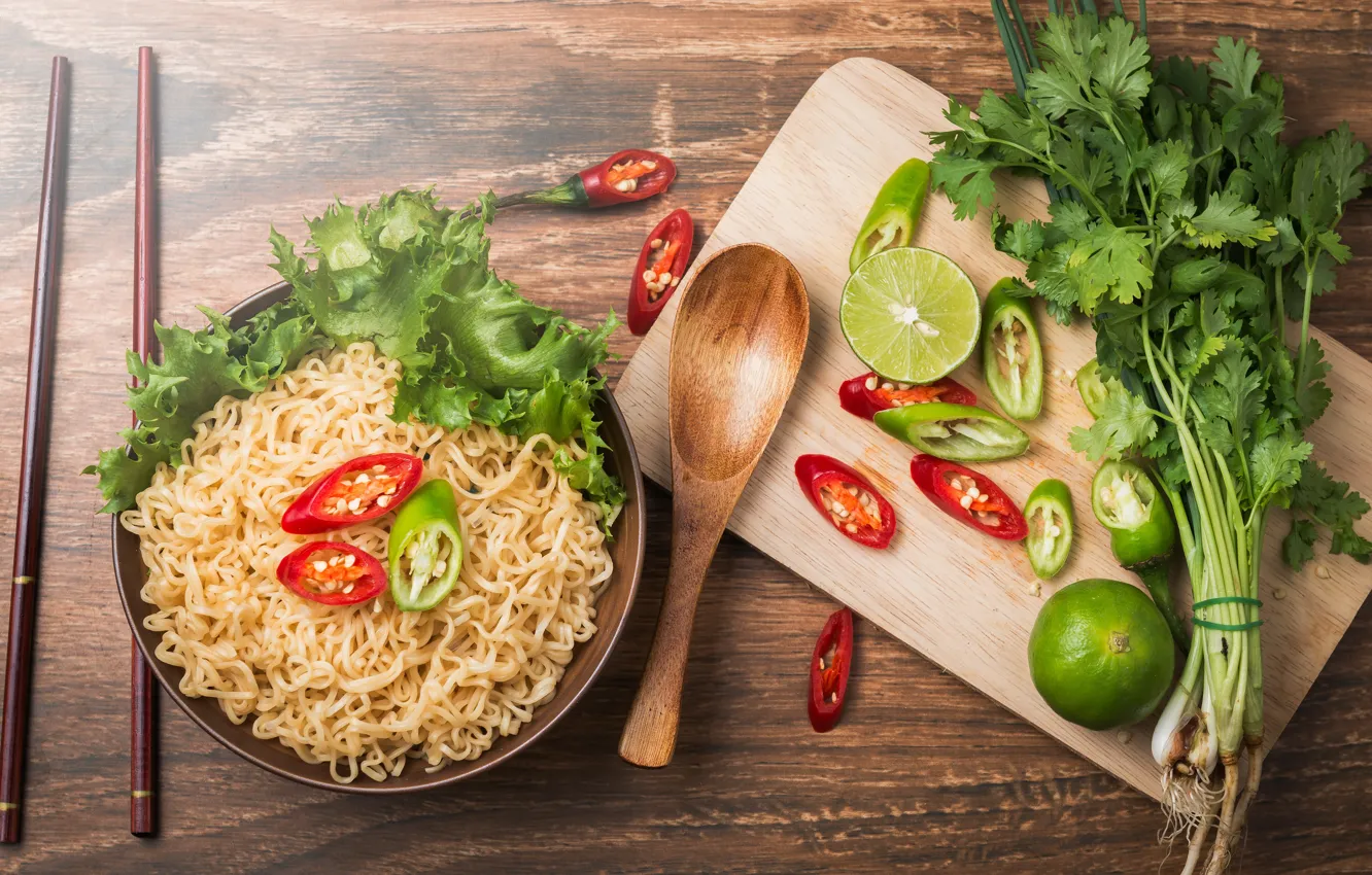 Photo wallpaper lime, Thailand, parsley, Chile, asian, chili, noodles, bowl