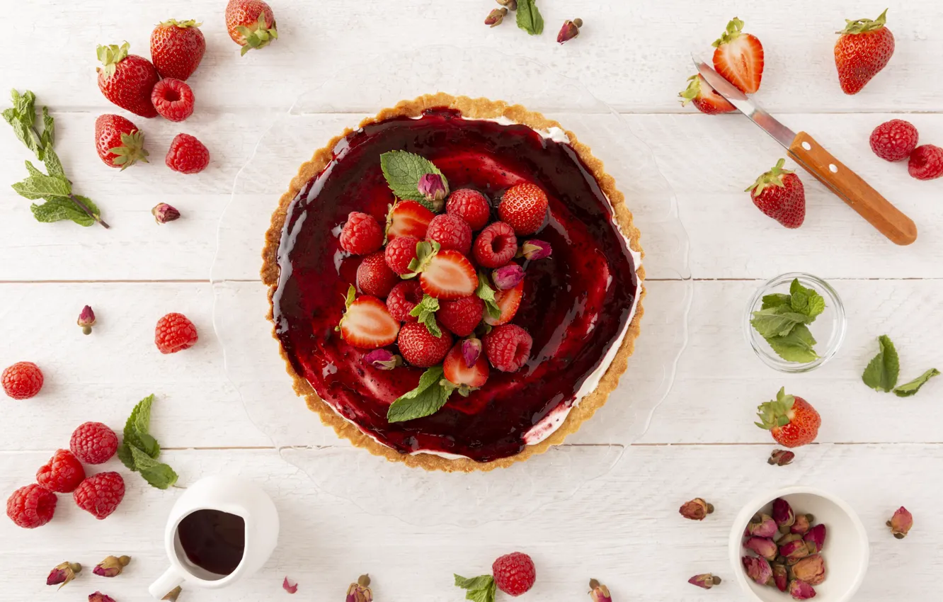 Photo wallpaper berries, raspberry, strawberry, dessert, cake