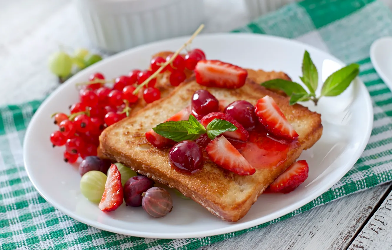 Photo wallpaper cherry, berries, strawberry, plate, gooseberry, toast, red currant