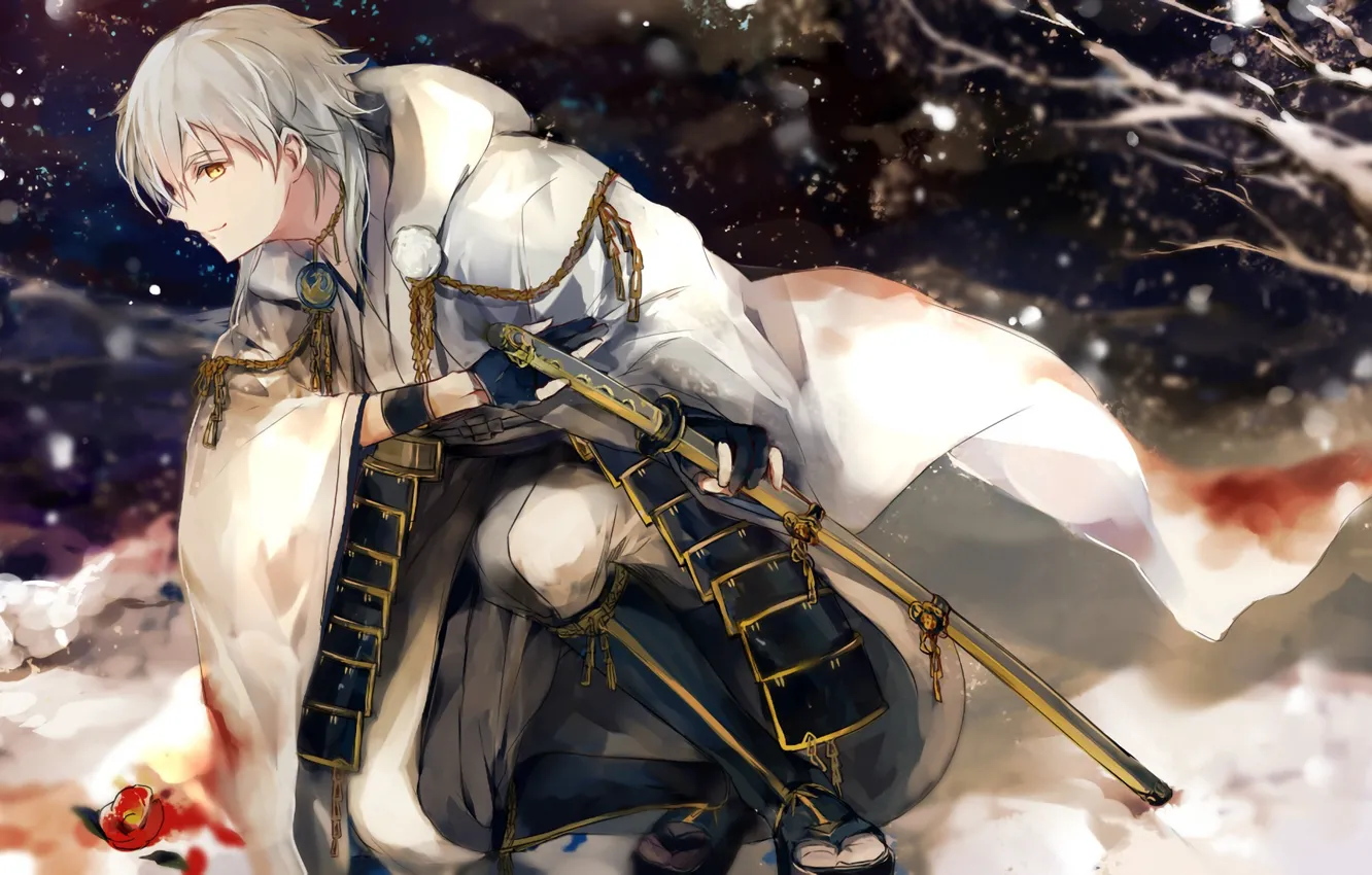 Photo wallpaper katana, guy, Japanese clothing, Winter evening, yellow eyes, in the snow, the white cloak, Touken …