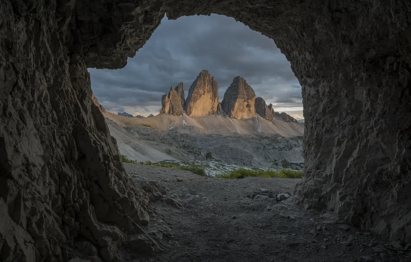 Photo wallpaper the sky, mountains, clouds, nature, rocks, Italy, cave, The three Peaks of Lavaredo