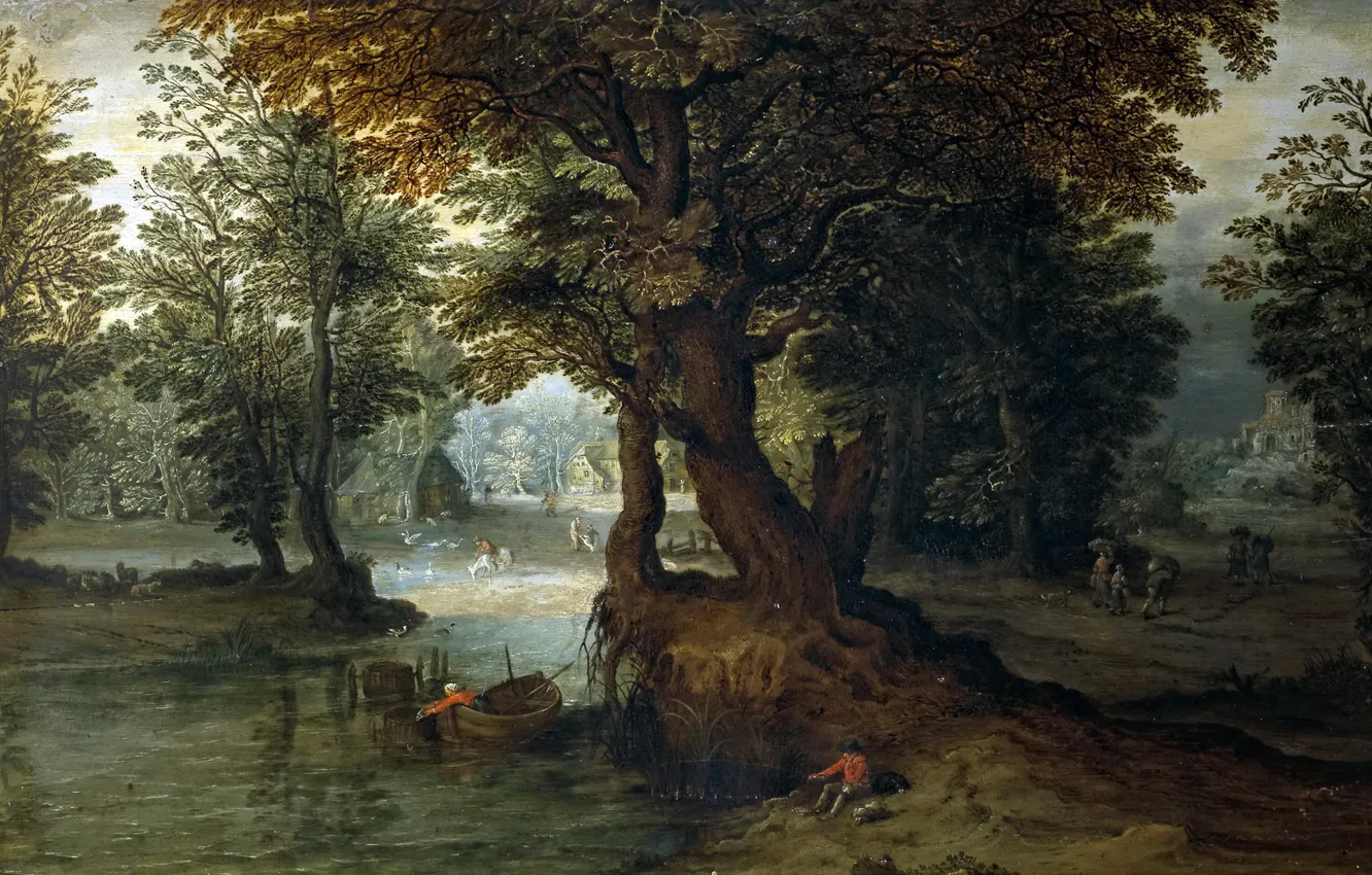 Photo wallpaper forest, trees, landscape, house, boat, picture, fisherman, Jan Brueghel the younger