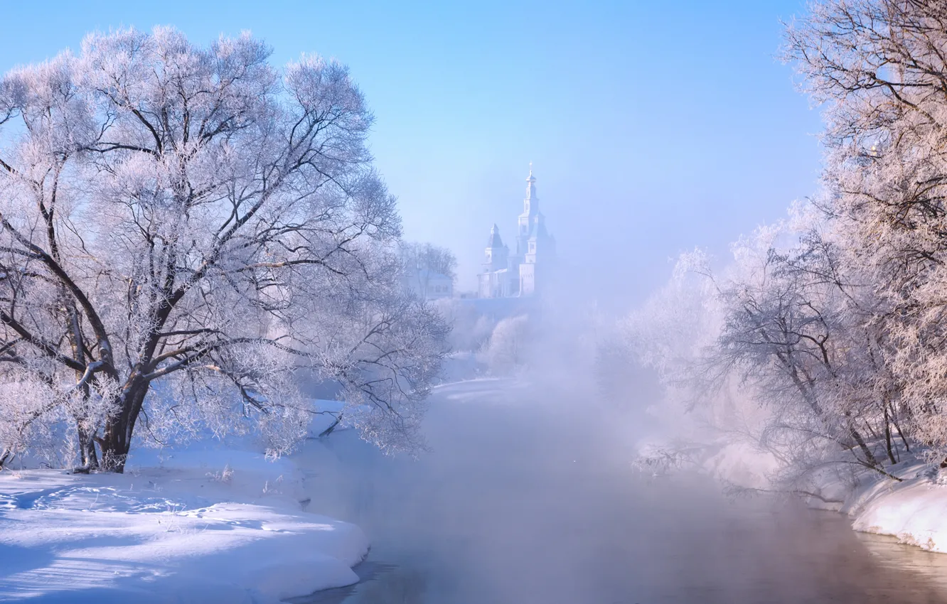 Photo wallpaper winter, frost, snow, trees, landscape, nature, fog, river