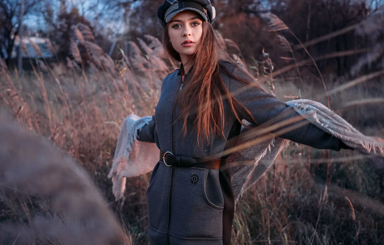 Photo wallpaper look, girl, pose, style, cap, coat, long hair, shawl