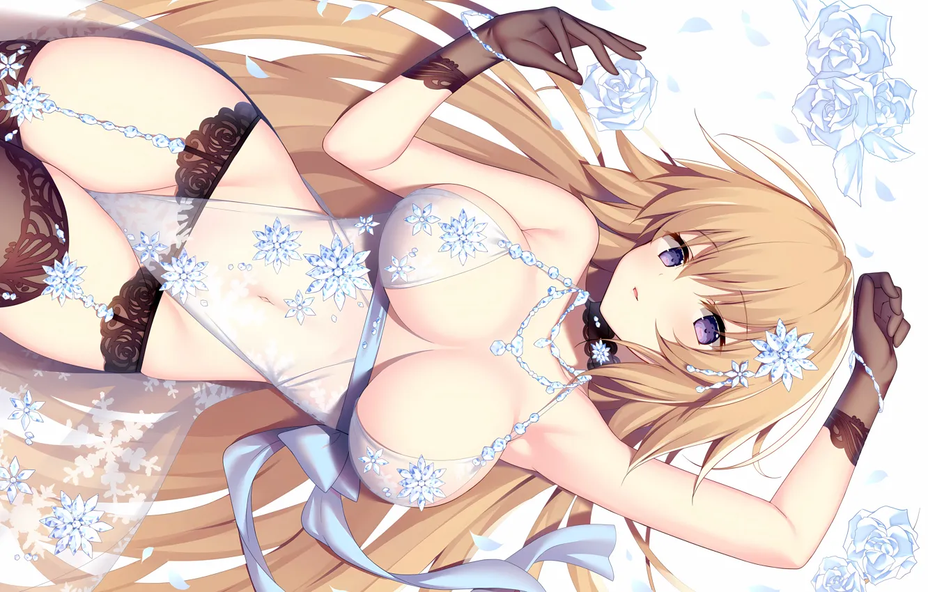 Photo wallpaper girl, sexy, cleavage, thighhighs, bodysuit, long hair, boobs, anime