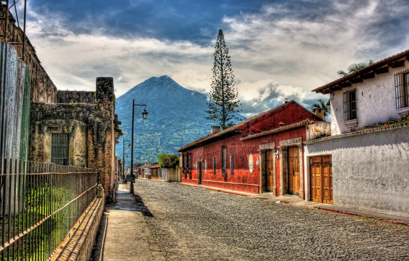 Photo wallpaper the city, street, HDR, the volcano, Guatemala, Guatemala, Antigua, Antigua