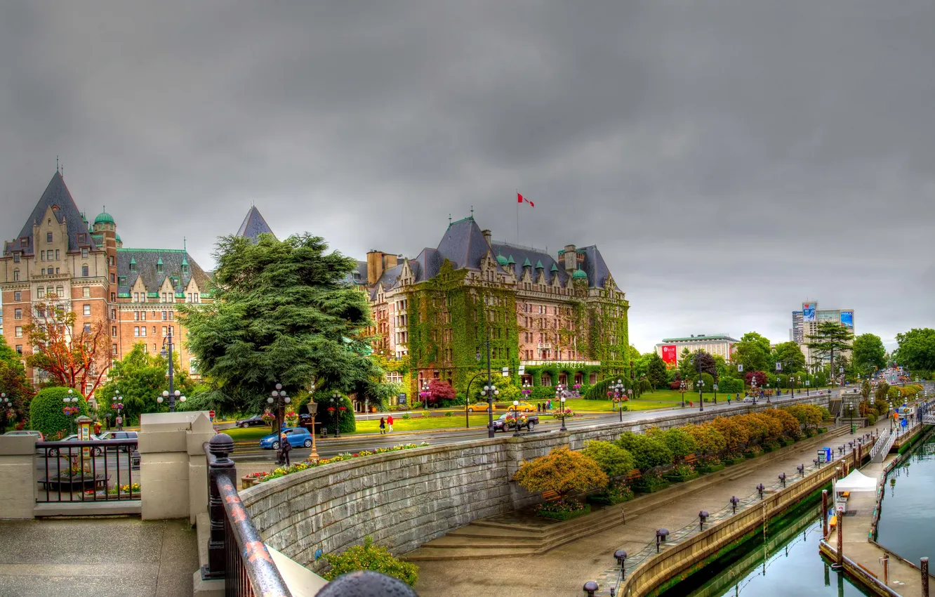 Photo wallpaper trees, river, HDR, home, Victoria, Canada, lights, British Columbia