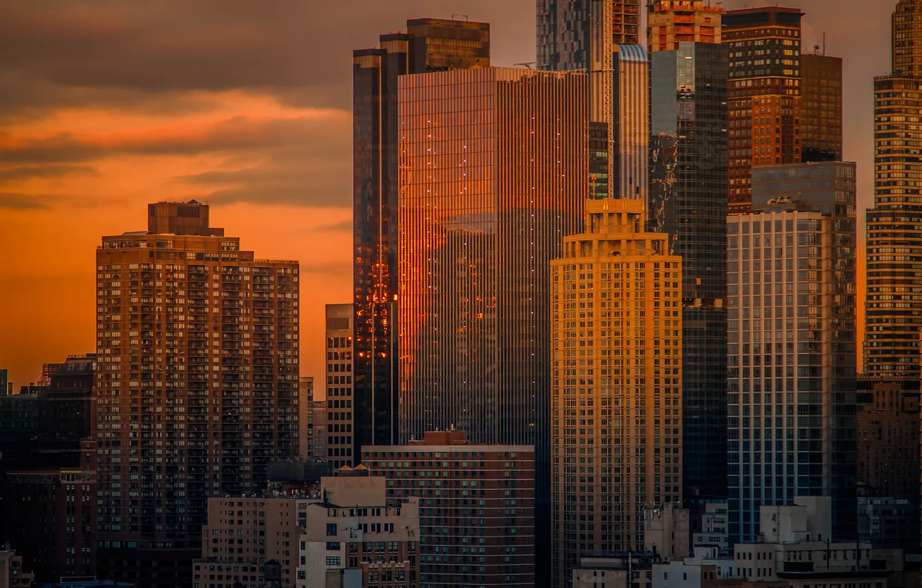Photo wallpaper sunset, the city, building, skyscrapers, New York City, new York
