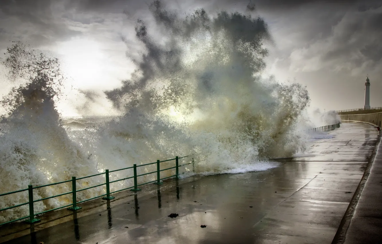 Photo wallpaper waves, storm, autumn, Sunderland, Seaburn Promenade