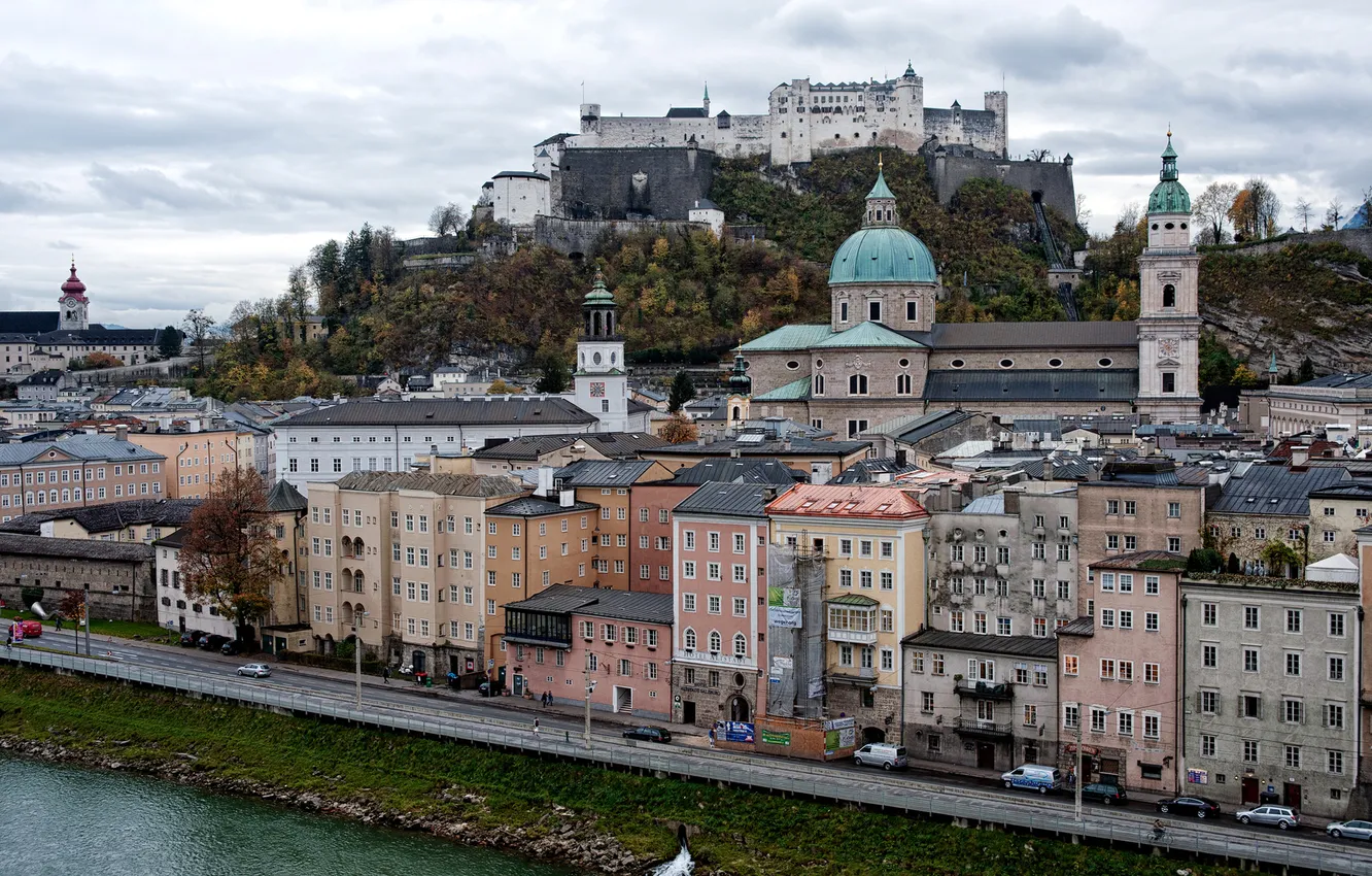 Photo wallpaper the sky, river, castle, mountain, home, Austria, Salzburg