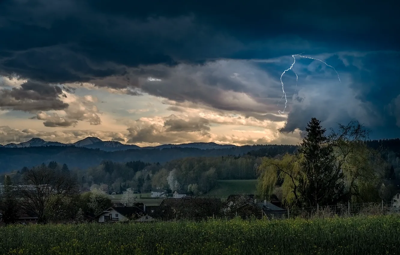 Photo wallpaper the storm, landscape, mountains, clouds, nature, lightning, home, Bayern
