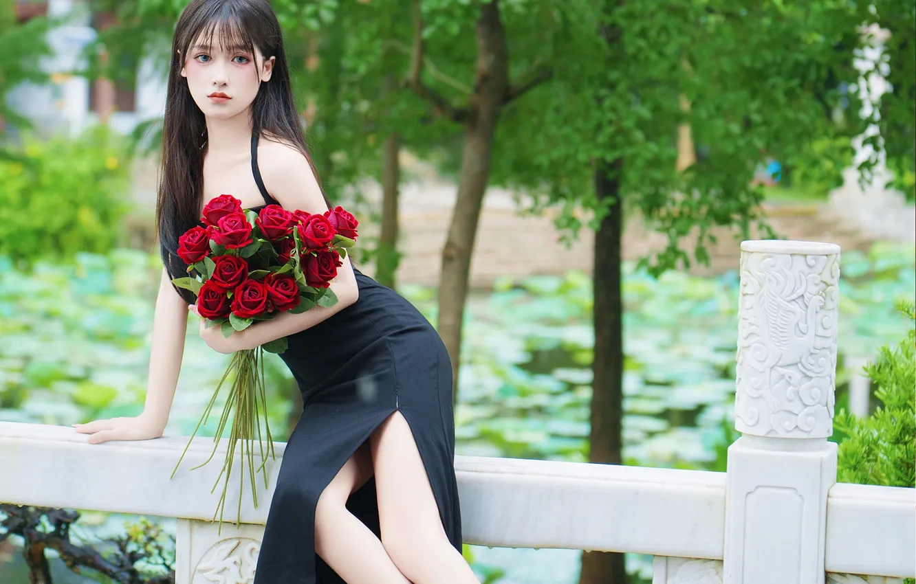 Photo wallpaper flower, trees, woman, beautiful, model, pretty, asian, bouquet