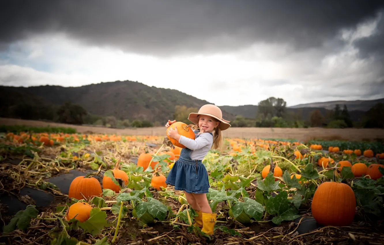 Photo wallpaper autumn, girl, pumpkin