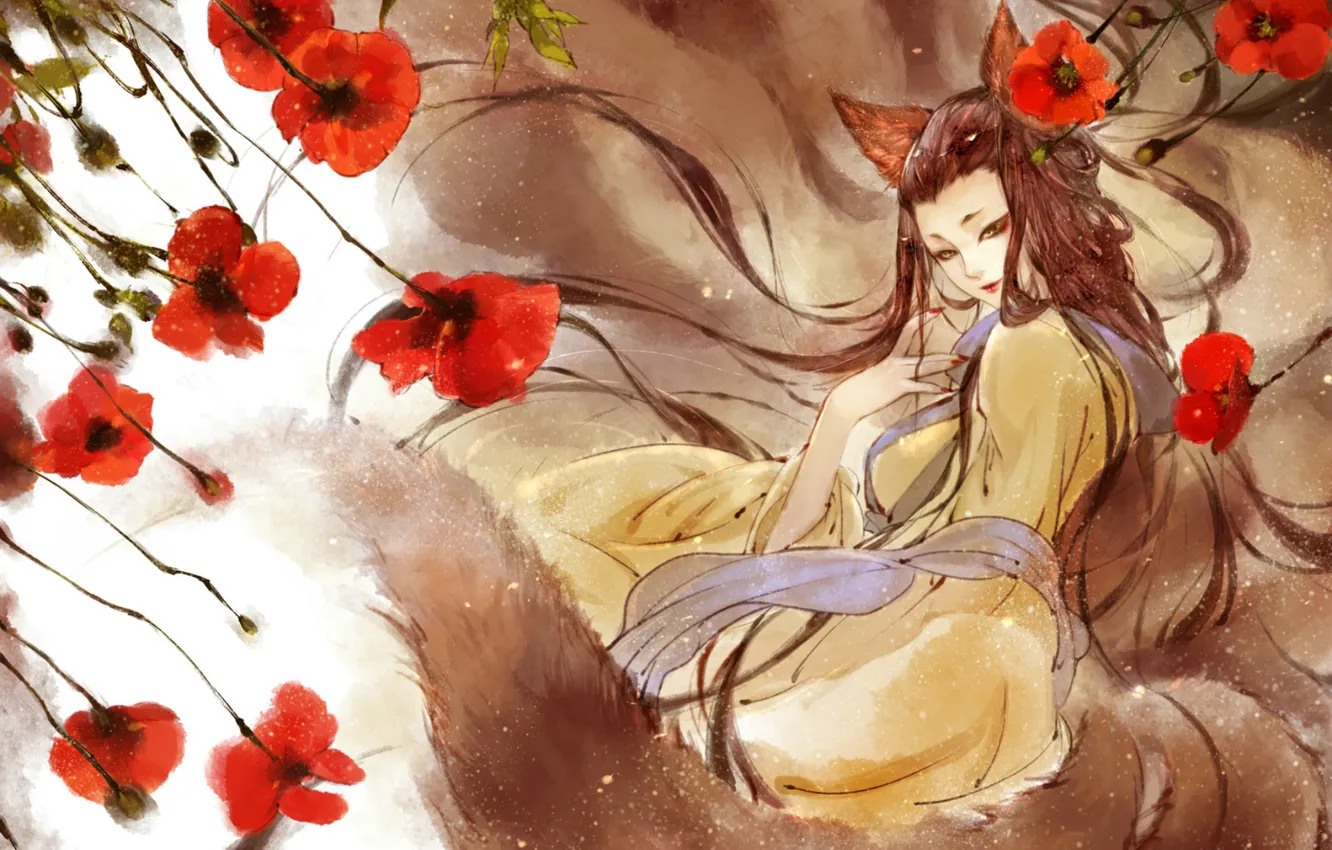 Photo wallpaper the wind, Maki, Girl, scarf, tail, red, ears, long hair