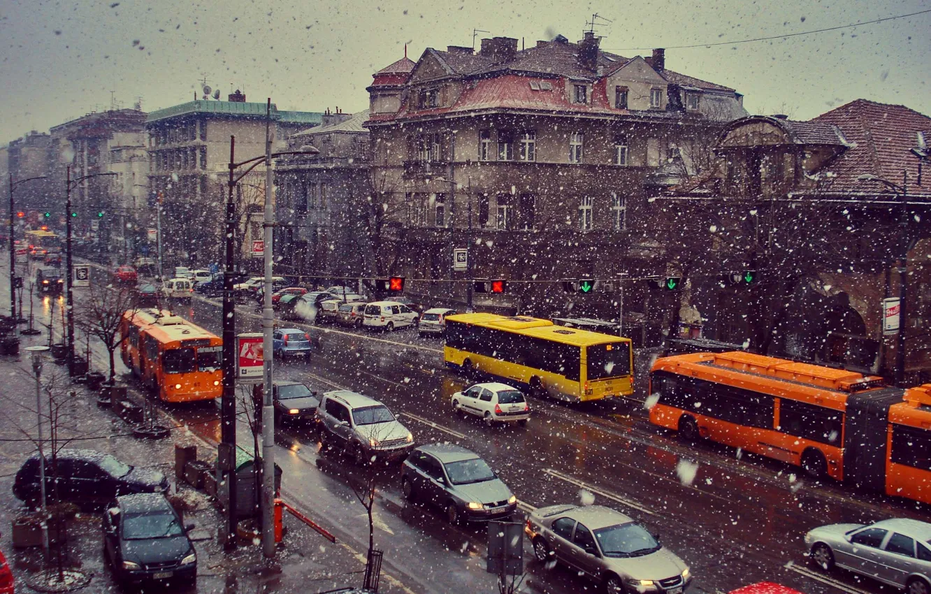 Photo wallpaper winter, road, machine, auto, snow, the city, movement, transport